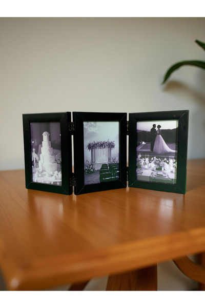 Wooden Factory Desktop 3-Panel Black Photo Frame - 10X15 Foldable Decorative Frame