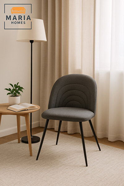MARIA HOMES كرسي طعام من القماش الرمادي بأرجل معدنية سوداء - مقعد مبطن عصري