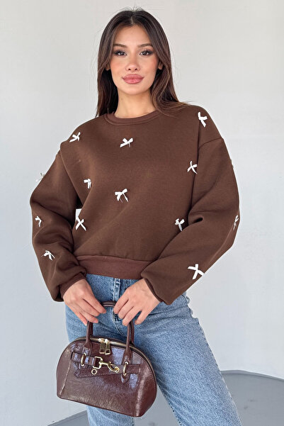 Cappmoda Swt-232 Brown Ribbon Decorated Sweatshirt
