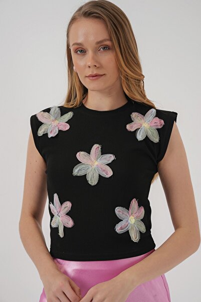Hiccup Bdart Floral Patterned Embroidered Ribbed Crop Top