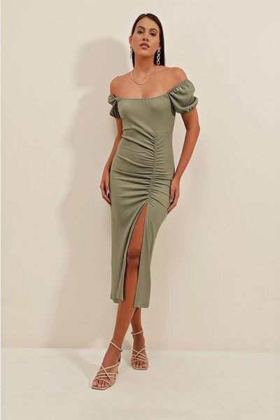 Hiccup Bdart Square Neck Detailed Textured Midi Knitwear Dress