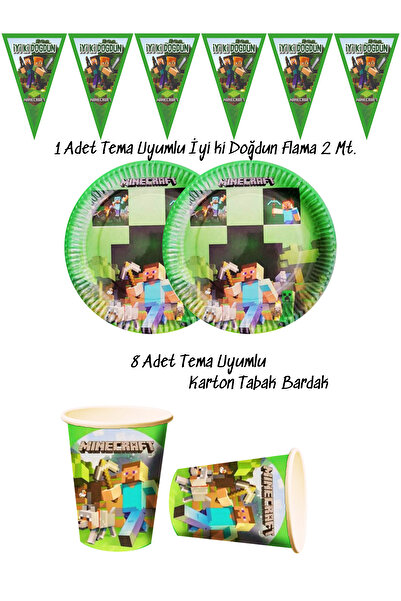 snowparty MiNecRaFt Temalı Tabak , Bardak , Flama Bayrak Doğum Günü Süsleri