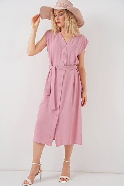 Hiccup Bdart Buttoned V-Neck Textured Midi Dress