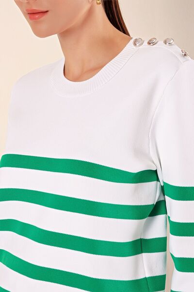 Hiccup Bdart Striped Acrylic Straight Neck Sweater with Button Detail