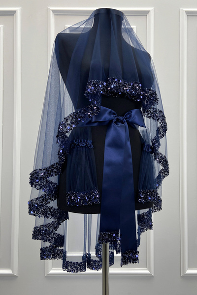 ZEYMERADE Lacivert Gelin Duvak Seti, Işıl Işıl Kristal Cam Boncuk, İnci ve Pu...