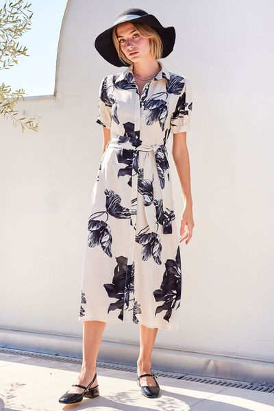 Hiccup Bdart Floral Print Midi Dress with Belt and Shirt Collar