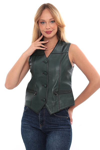 db deriburada original Women's Punto Stitched Buttoned Genuine Leather Vest