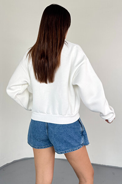 Cappmoda Swt-233 White Handwritten Stone Embroidered Sweatshirt