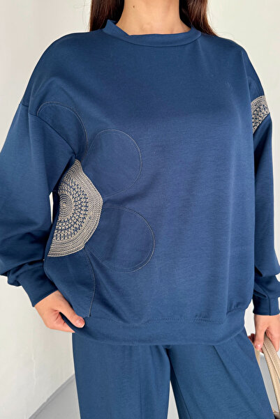 Cappmoda Tkm-13334 Navy Blue Floral Embroidered Modal Fabric Double Set