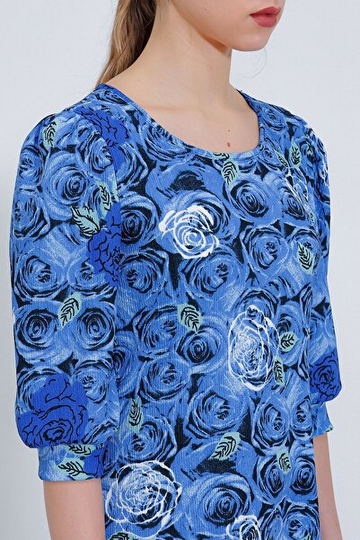 Hiccup BDART Üç Çeyrek Kol Boyalı Çiçekli Midi Elbise