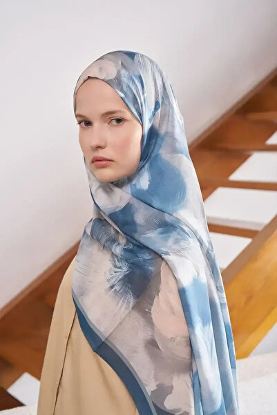 Madame Polo Fransız İpeği Ahenk Desen Şal - Mavi