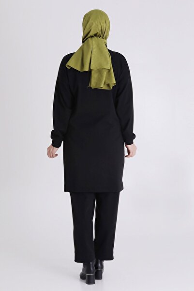 behrem Front Zippered Velvet Embroidery Detailed Plus Size Hijab Trouser Suit 35135 Black