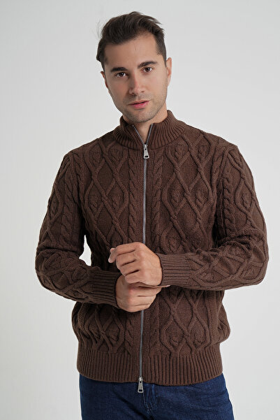 Trist Star Men's Coffee Pocket Zippered Walking Hair Braided Wool Cardigan Trist-5355