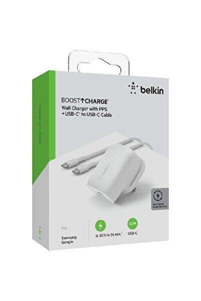 Belkin شاحن حائط BoostCharge USB-C PD 3.0 PPS بقوة 30 وات + كابل USB-C إلى USB-C