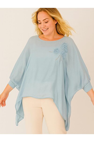Butik İtalyan Nakış Detaylı İpek Bluz - BEBE MAVİSİ