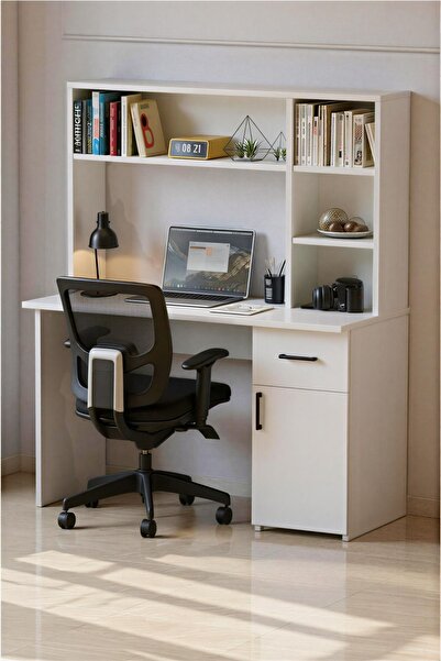 ANALİTİK MOBİLYA Esse Dolaplı Çekmeceli Kitaplıklı Çalışma Masası Beyaz