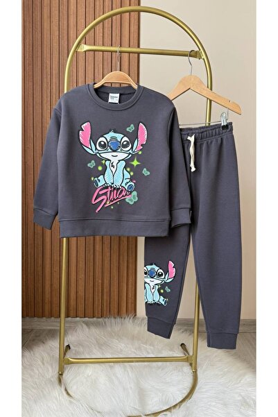 Butik Lucco Dark Gray Stitch Character Girl's Top and Bottom Set