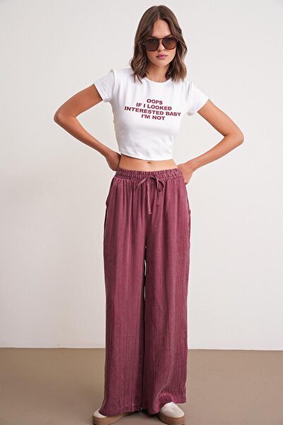 Mixray 4697 Pantaloni palazzo largi din satin cu șireturi pentru femei, roșu claret