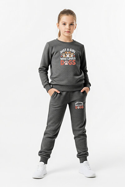 YA KO KİDS Round Neck Dogs Love Print Detail Girl's Tracksuit Set