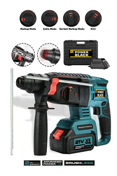 POWER BLACK Bakır Sargılı Kömürsüz Motor Darbeli Çift Akülü Şarjlı Kırıcı Del...