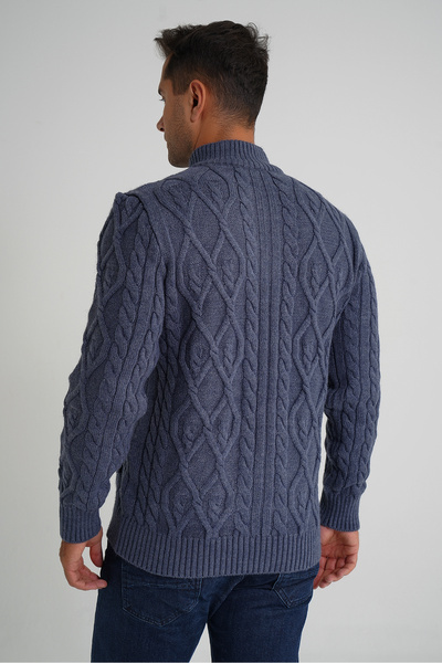 Trist Star Erkek İndigo Cepli Fermuarlı Yürütme Saç Örgülü Yün Hırka TRIST-5355