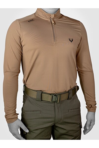 Mudeir تي شيرت تكتيكي بأكمام طويلة، لون بني، مقاوم للعرق، بأكمام طويلة، تكتيكي