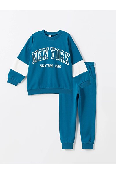 LC Waikiki Lcw Kids Petrol Crew Neck Printed Baby Boy Sweatshirt and Pants Se...