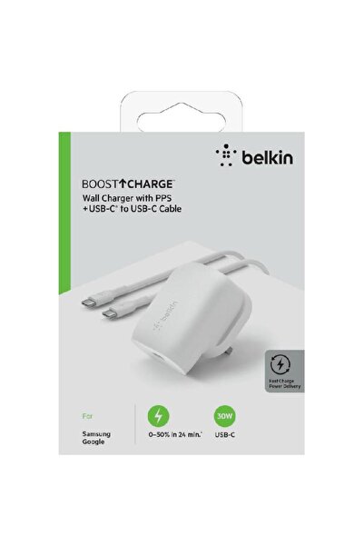 Belkin شاحن حائط BoostCharge USB-C PD 3.0 PPS بقوة 30 وات + كابل USB-C إلى USB-C