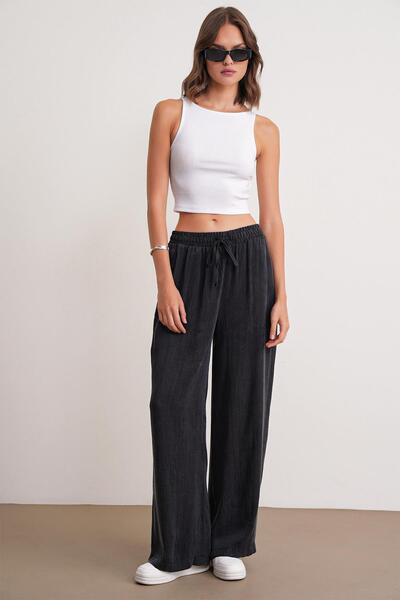 Mixray 4697 Women's Vintage Lace-Up Satin Wide Leg Palazzo Pants Black