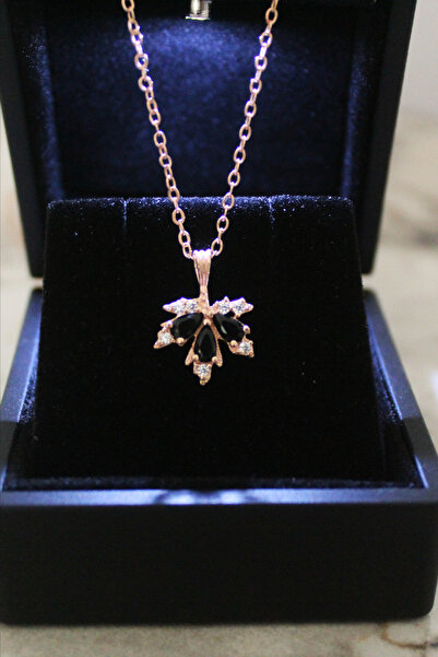 carrot silver 925 Ayar Gümüş Çınar Yaprağı Siyah Taşlı Kolye-Rose Renk-Hediye...