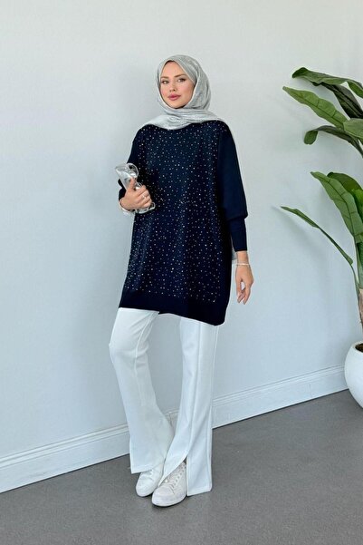 Şulemoda Giyim Merserize Taşlı Tunik Lacivert