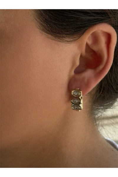 QUEENELA Steel Hoop Earrings with Gold Zircon Stones