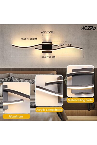HOZRO Lampa Moderna HOZRO, cu LED, Design Wave, 60 cm, Negru, 28W, 1350 Lumen, Lumina Alb Calda