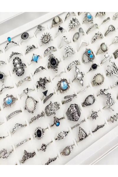 Ledman teknoloji مجموعة من 30 خاتمًا فضيًا أنيقًا - تصاميم عتيقة وبوهيمية وأصلية