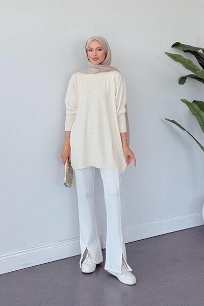 Şulemoda Giyim Merserize Taşlı Tunik Krem