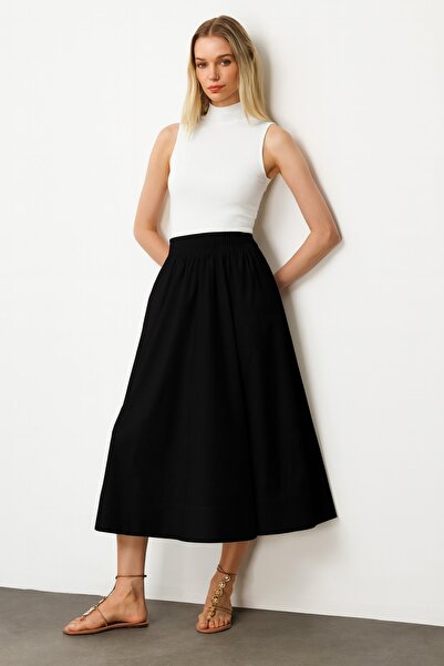 GLENDA Siyah Bel Lastikli Ve Cepli Astarlı Midi Etek