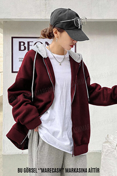 MARECASH Unisex Bordo Gri Kapüşonlu Oversize Hırka Zip 2 Iplik Orta Kalınlık