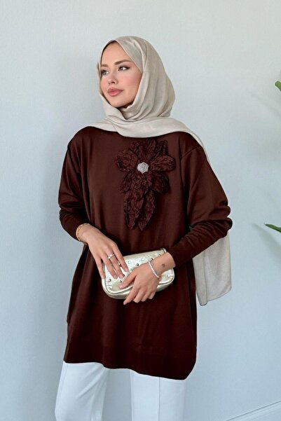 Şulemoda Giyim تونيك مرسيريزيد مزهر باللون البني
