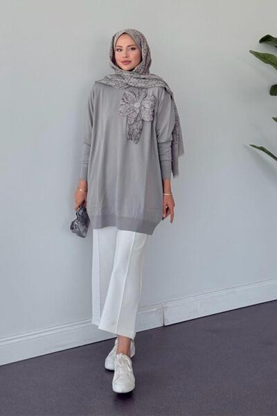 Şulemoda Giyim Merserize Çiçekli Tunik Gri