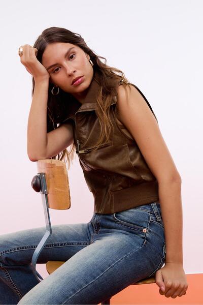 Stradivarius Leather effect gilet with matching ribbing