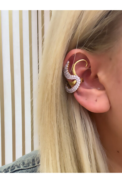 Hicrans Takı TASARIM MODEL BÜYÜK GÜMÜŞ TAŞ İŞLEMELİ DALGALI MODEL GOLD EAR CUFF KIKIRDAK KÜPE