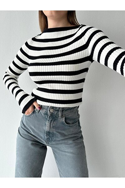 SBL COLLECTİON Tricotaj cu gât bateau cu textura moale în dungi