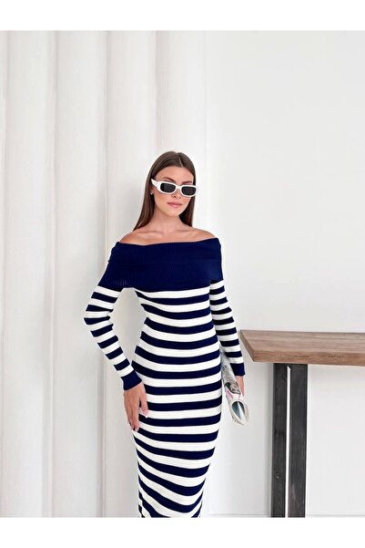 Lusin Жіноча темно-синя сукня з човниковим вирізом, еластична, середньої довжини, трикотажна