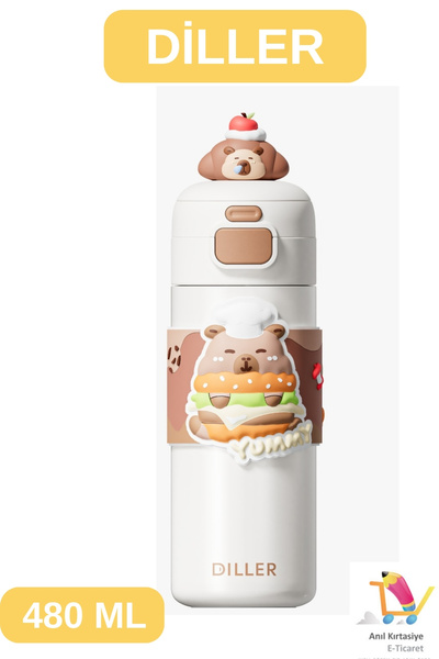 Vagonlife Di̇ller 480 ml Single Lid Double Use Thermos with Straw & Comfortable Drinking Thermos with Wrist Strap