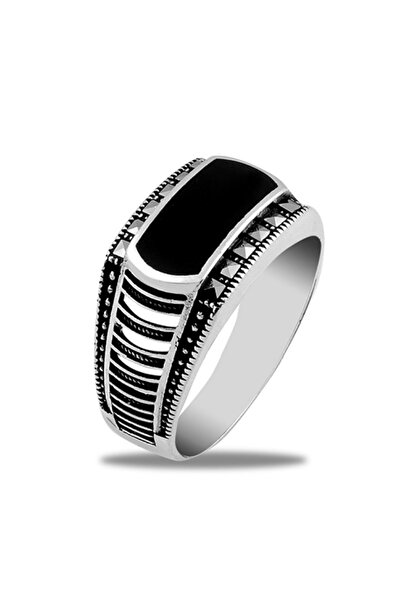 FRNCH 925 Ayar Gümüş İtalyan Model Markazit Taşlı Gümüş Renk Erkek Yüzük FRJ-...