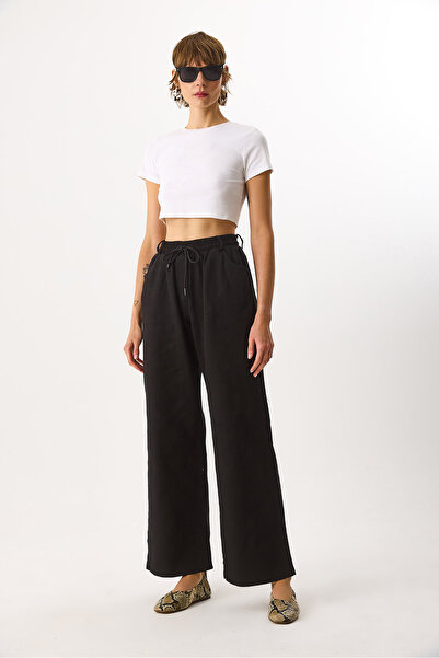 VENA Wide Leg 100% Cotton Trousers with Elastic Waistband - Black