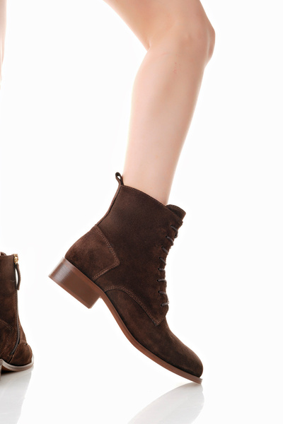 NOSEY SHOES Oslo Model Hakiki Deri Kahverengi Bağcıklı Yandan Fermuarlı Postal Günlük Kadın Bot