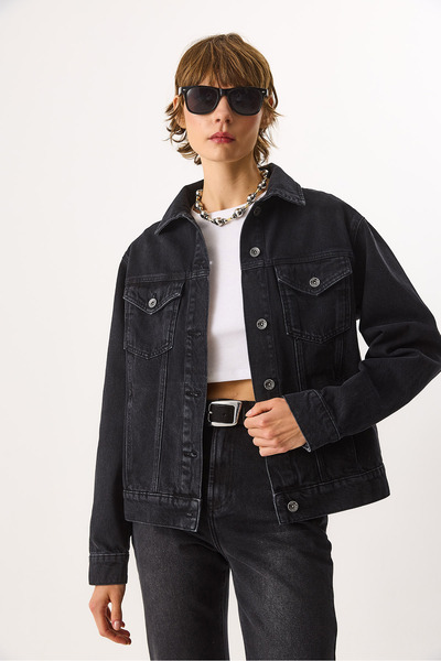 VENA Maya Black 100% Cotton Jean Jacket - Black