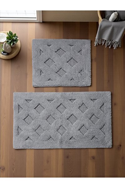 df home Lyraa Бавовняний набір килимків для ванної кімнати (60x100)(50x60) Сірий+-001