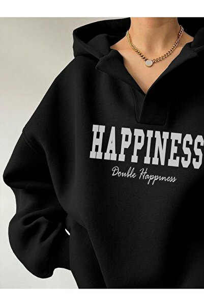 Deocept Φούτερ Unisex με λαιμόκοψη σε σχήμα V με τύπωμα με κουκούλα Basic oversized